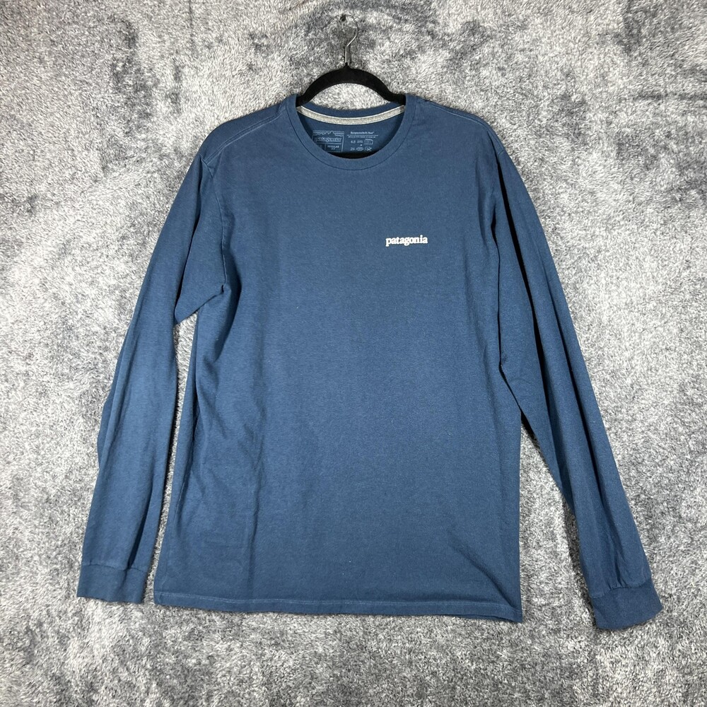 Patagonia Shirt Mens M Blue Long Sleeve Crewneck Graphic Back Logo Tagless